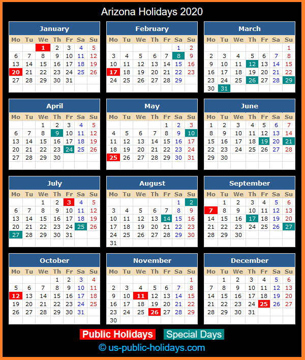 Arizona Holiday Calendar 2020